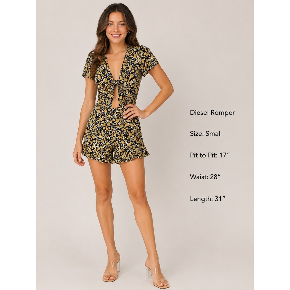 Diesel Womens‎ Floral Romper Yellow Black Tie Front Cutout Ruffle Hem Size Small